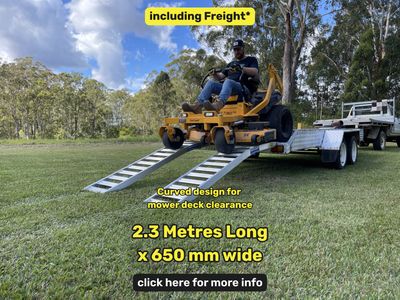 2.3 metres long x 650 mm wide - nf mower ramps - 1 tonne capacity Whipps Ramps 2.3 metre x 650 wide curved aluminium zero turn mower trailer loading ramps