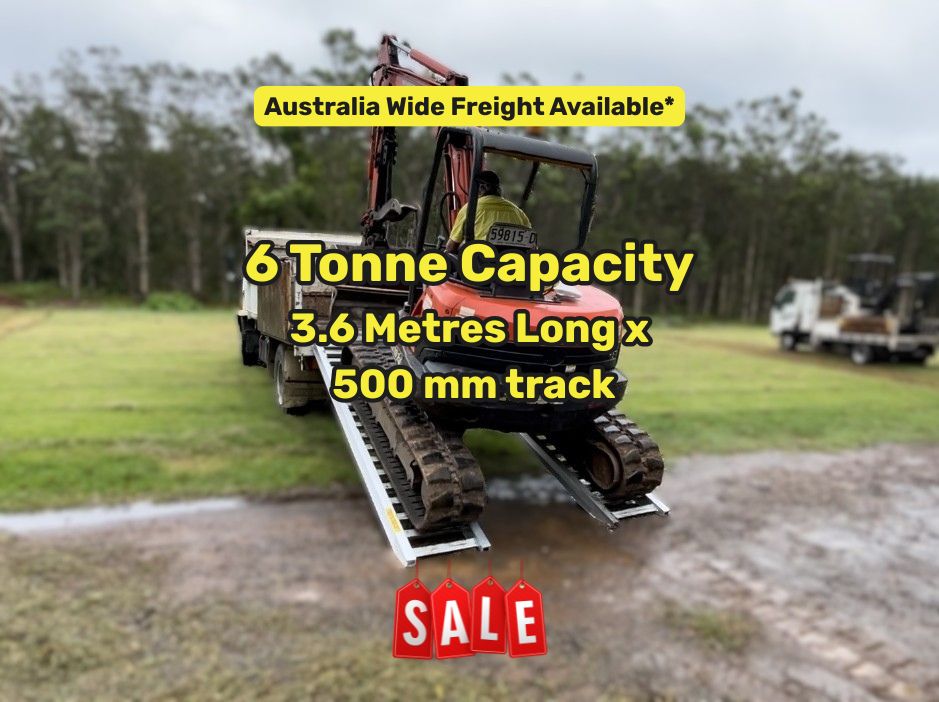 3.6 metres long - 6 tonne capacity x 500 mm track - On Sale On sale Whipps Ramps 6 Tonne Capacity - 3.6 metres long Aluminium Machinery, tractor, excavator loading ramps