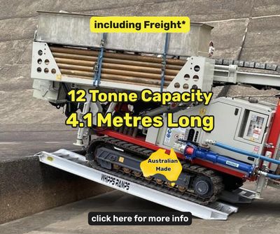 4.1 metres long - 12 tonne capacity ramps 12 Tonne Capacity 4.1 Metres Long Heavy Duty Excavator & Machinery Structural Aluminium Loading Ramps Australian Made