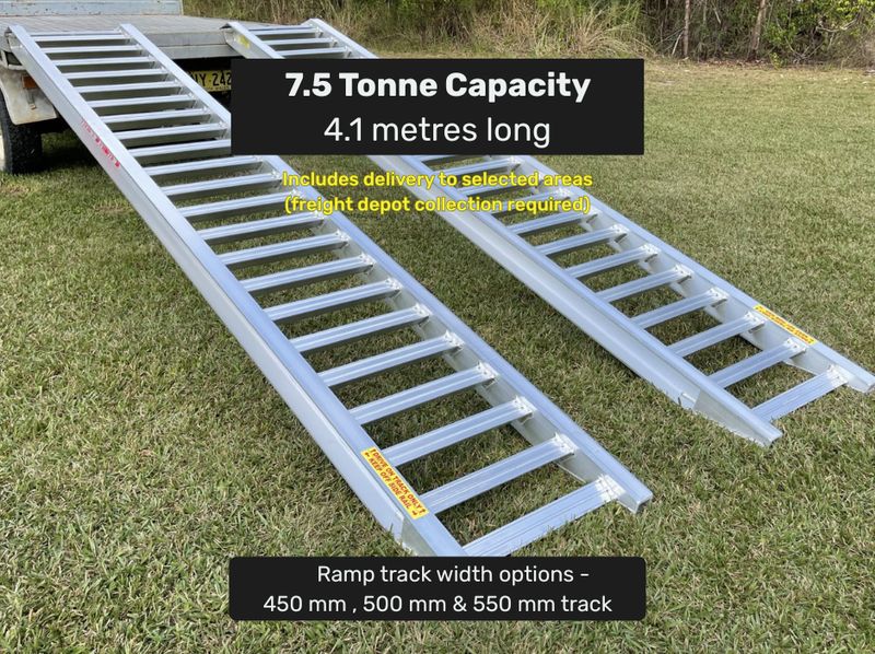 4.1 metres long, 7.5 tonne loading capacity aluminium machinery ramps