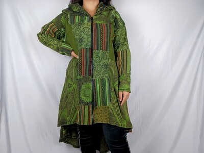 Green coat with geometric pattern