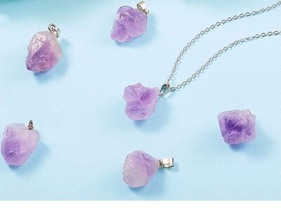 Amethyst Crystal Rough Stainless Steel Necklace 