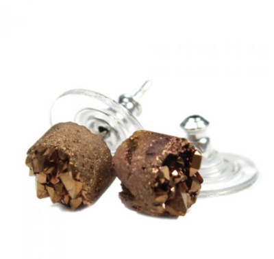 Round Brown Druzy Ear Stud Rhodium Plated