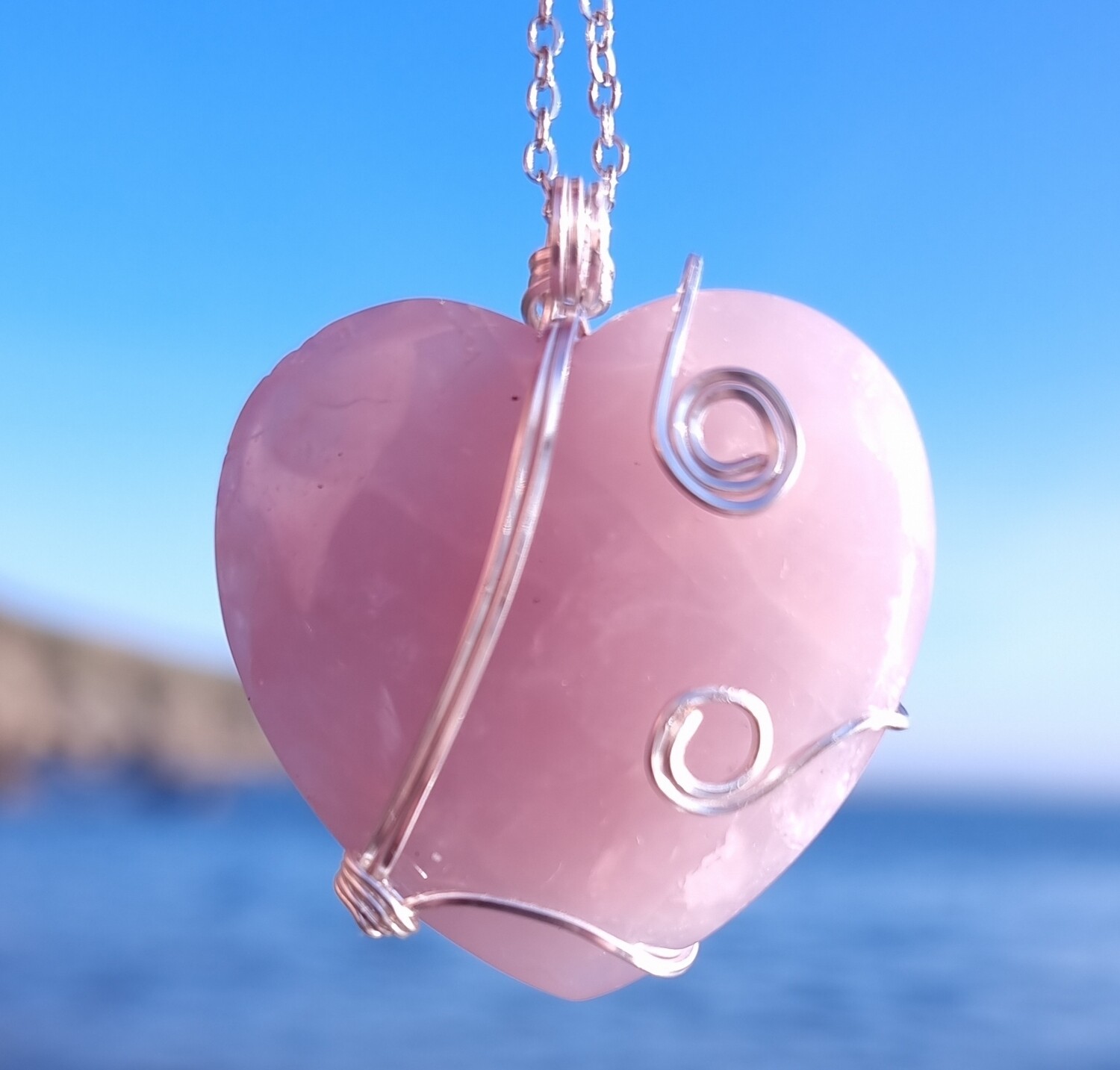 Rose Quartz Crystal Heart- Unconditional Love Wrapped Pendant 40mm