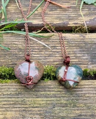 Bloodstone Crystal Puff Heart Wrapped Pendant Necklace.