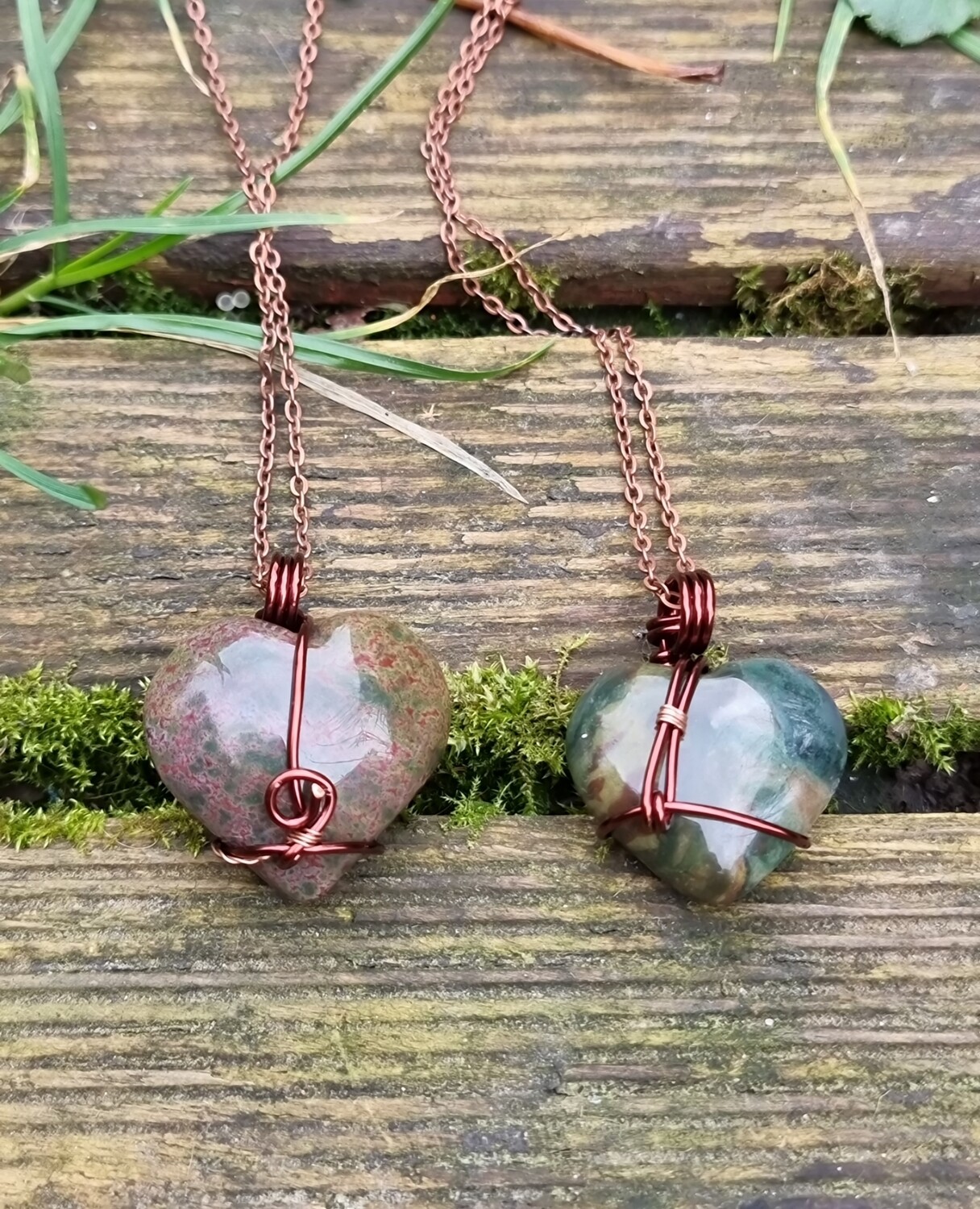 Bloodstone Crystal Puff Heart Wrapped Pendant Necklace.