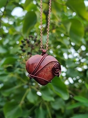 Petrified Wood Crystal Puff Heart  Pendant Wire wrapped copper 