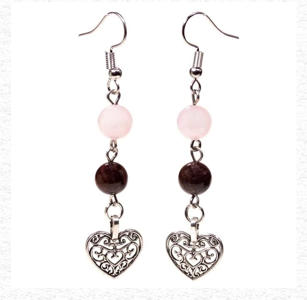 Rose Quartz / Garnet Heart Earrings Natural Gemstone 