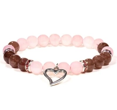 Bracelet Rose quartz/Strawberry quartz with heart - Love - Willpower - Recovery Support Bracelet