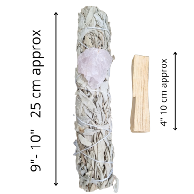 SAGE SMUDGE SET/ XL White Sage Smudge Stick 9&quot;- 10&quot;/ Palo Santo 4&quot; /Rose quartz &quot;UNIVERSAL LOVE&quot; SET 