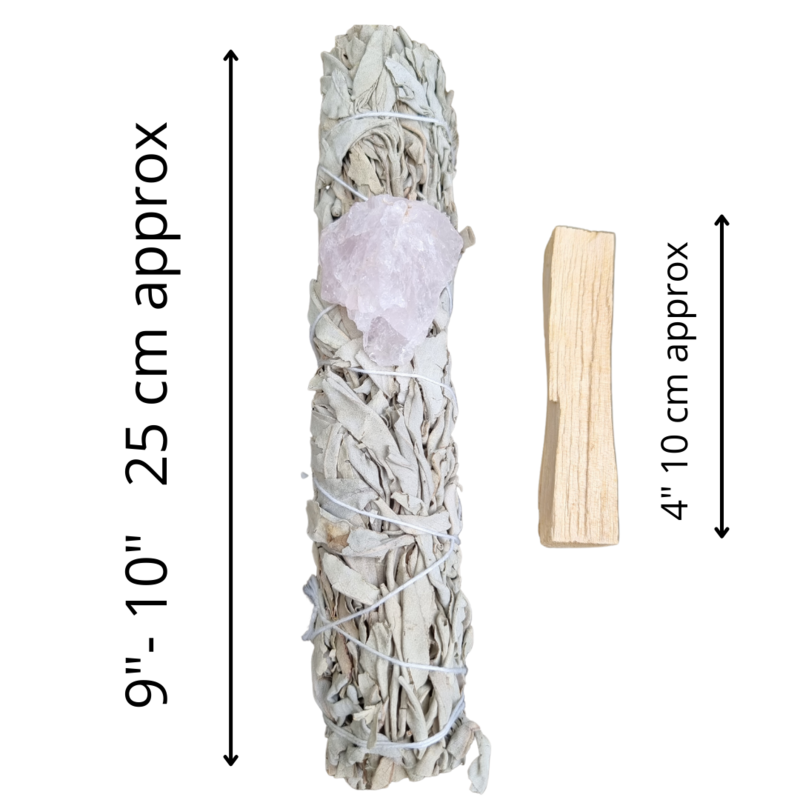 SAGE SMUDGE SET/ XL White Sage Smudge Stick 9&quot;- 10&quot;/ Palo Santo 4&quot; /Rose quartz &quot;UNIVERSAL LOVE&quot; SET 