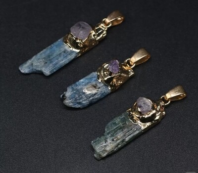 Rough Kyanite/ Amethyst Yellow gold pendant necklace