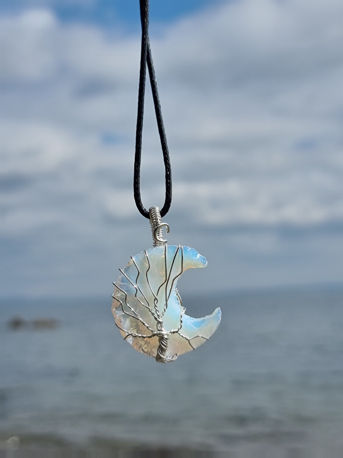 Opalite Moon Pendant Necklace Healing  Raw Quartz Gemstone Chakra Wire Wrapped Crystal Pendant Necklace Vintage Opalite Jewellery for Women