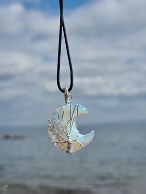 Opalite Moon Pendant Necklace Healing  Raw Quartz Gemstone Chakra Wire Wrapped Crystal Pendant Necklace Vintage Opalite Jewellery for Women