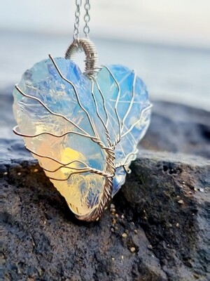 Opalite Crystal Heart Tree of Life Wire-wrapped Pendant Necklace Silver 