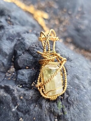 Green Apatite Crystals Wirewrapped Pendant 18K Filled gold chain