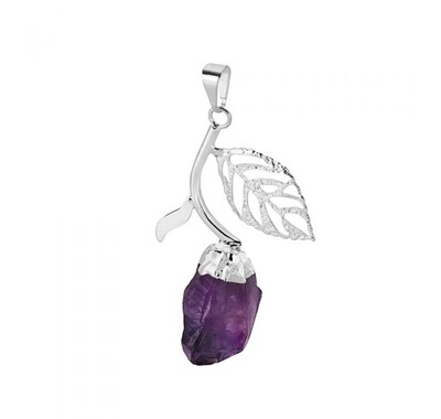 Amethyst Crystal Necklace Cluster Gemstone Silver Leaf Flower Pendant