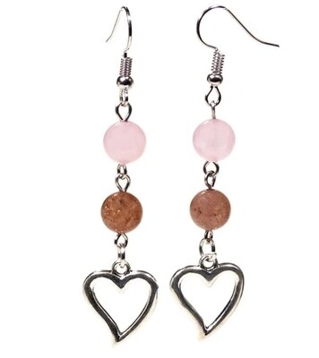 Rose / Strawberry Quartz Earrings with Heart - Unconditional Love