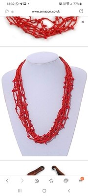 Red Coral Semiprecious stone/Red Beaded, Multistrand Necklace