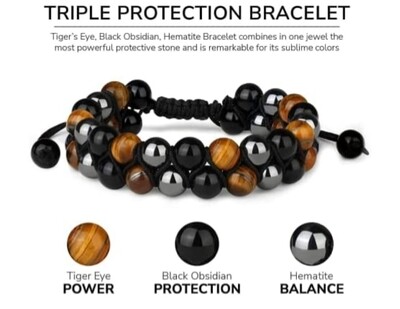 Bracelet Tigers Eye Black Obsidian Hematite  Bead Crystal Triple Protection Healing Double layer Adjustable Cord Bracelet