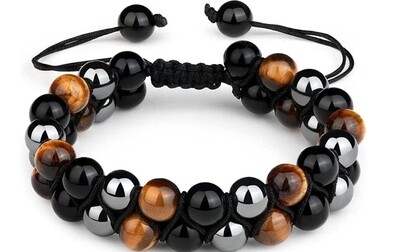 Bracelet Tigers Eye Black Obsidian Hematite  Bead Crystal Triple Protection Healing Double layer Adjustable Cord Bracelet