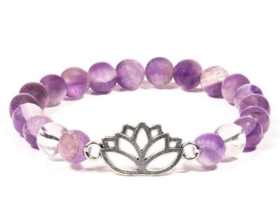 Bracelet Fluorite Amethyst with lotus Inside light, clatity and Happiness 