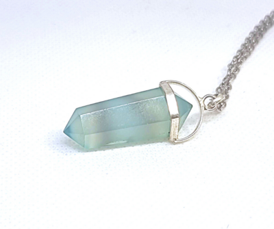 Blue Fluorite Heloxahon Crystal Point Pendant Necklace Silver 