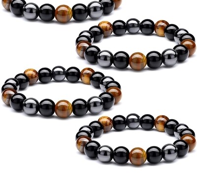 Bracelet Tigers Eye Black Obsidian Hematite  Bead Crystal Triple Protection Healing Bracelet for Good Luck Prosperity Protection Balance ±8mm bead