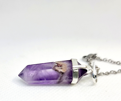 Amethyst Point Crystal Pendant Necklace Positive Energy Strength Silver 