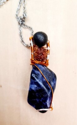 Sodalite natural stone pendant with Tourmaline and Rudraksha seed beads wirewraped silver/copper - Emotional Balance - Protection 