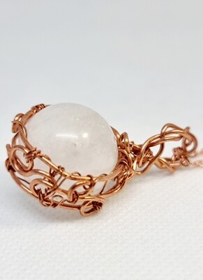 White Quartz Sphere Pendant Necklace wirewraped copper 