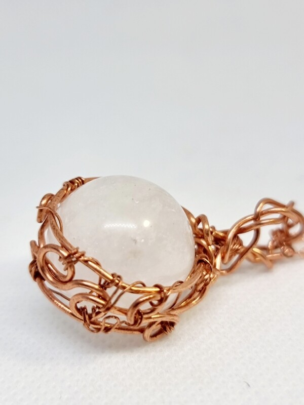 White Quartz Sphere Pendant Necklace wirewraped copper 
