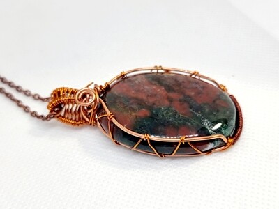 Fancy Jasper Wirerapped Copper Pendant Necklace 