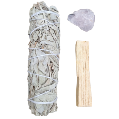 WHITE SAGE SMUDGE STICK SET LARGE 6&quot;- 7&quot; + PALO SANTO 4&quot; +  ANY CRYSTAL ON YOUR CHOICE