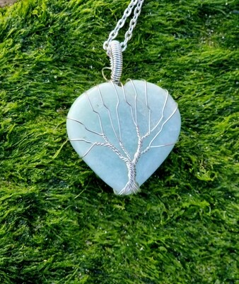 Green Amazonite Crystal Heart Tree of Life wirewraped Pendant Crystal Necklace - Safe Travel 