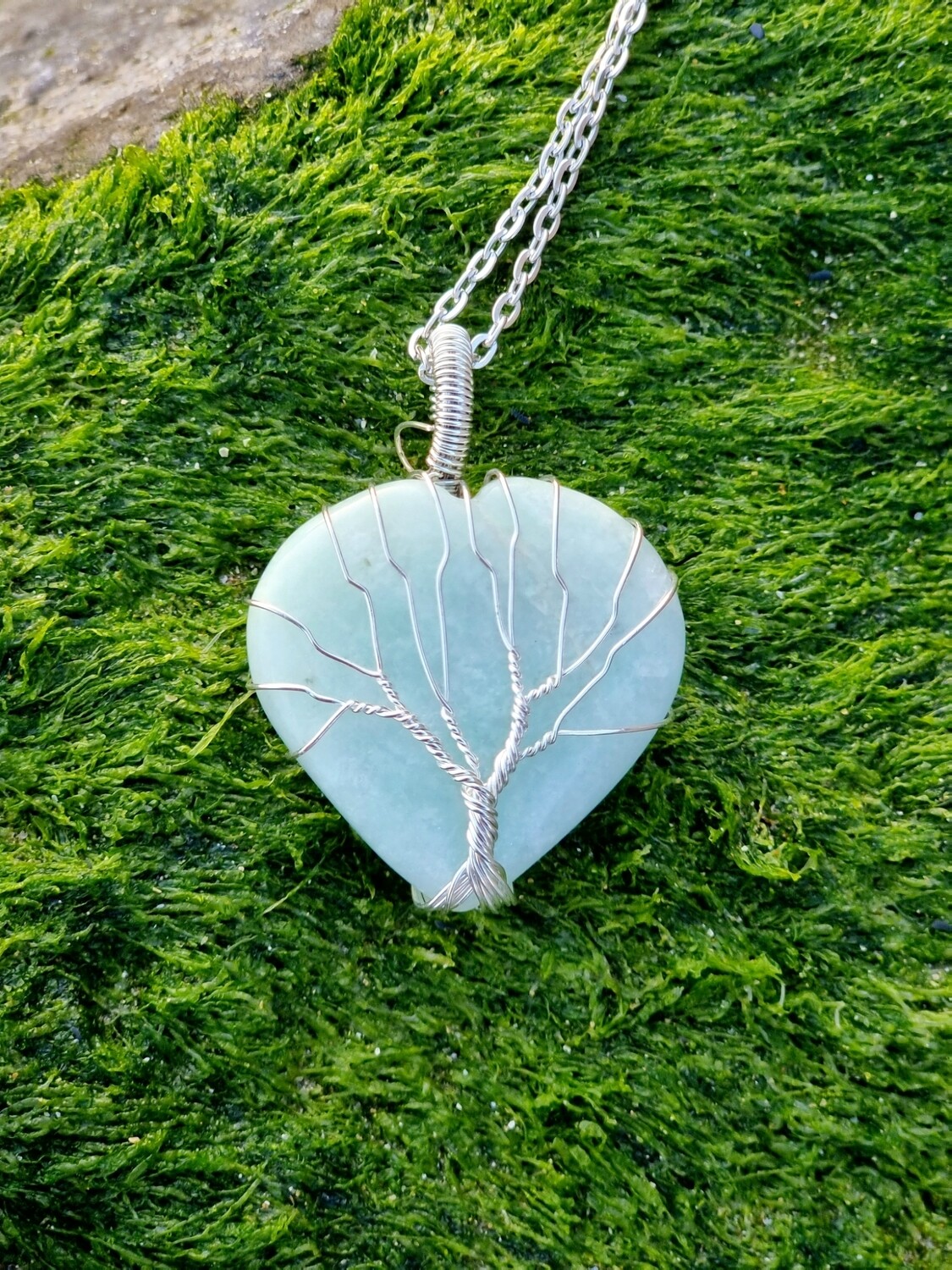Green Amazonite Crystal Heart Tree of Life wirewraped Pendant Crystal Necklace - Safe Travel 