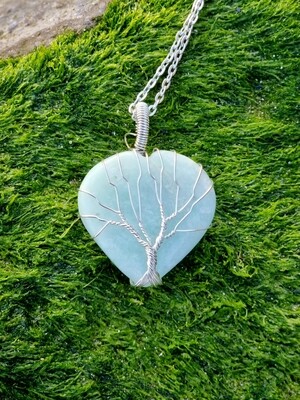 Green Amazonite Crystal Heart Tree of Life wirewraped Pendant Crystal Necklace - Safe Travel 