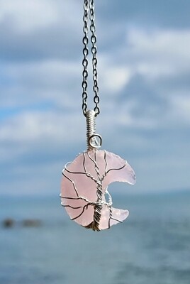 Rose Crystal Quartz Moon Pendant Necklace Raw Gemstone Wirewrapped Crystal Pendant Necklace Vintage Tree of Life 
