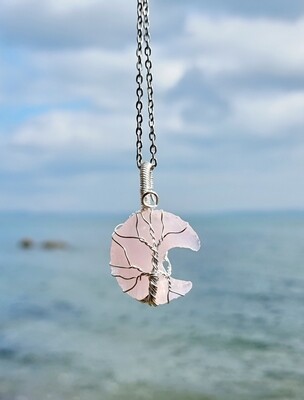Rose Crystal Quartz Moon Pendant Necklace Raw Gemstone Wirewrapped Crystal Pendant Necklace Vintage Tree of Life 