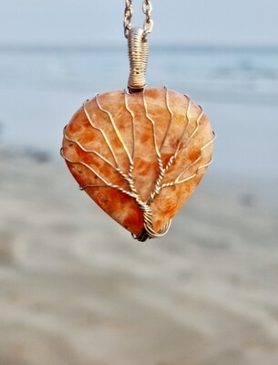 Sunstone Crystal Heart Pendant Tree of Life Wirewrapped Necklace Natural Stone  