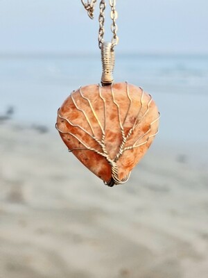 Sunstone Crystal Heart Pendant Tree of Life Wirewrapped Necklace Natural Stone  