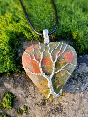 Unakite Crystal Heart wirewraped tree of life Healing pendant - Recovery 
