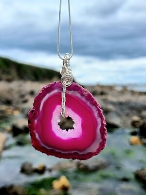 Pink Agate Slice Wirewrapped Silver Necklace Anxiety relief 