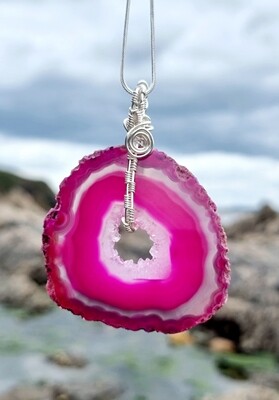 Pink Agate Slice Wirewrapped Silver Necklace Anxiety relief 