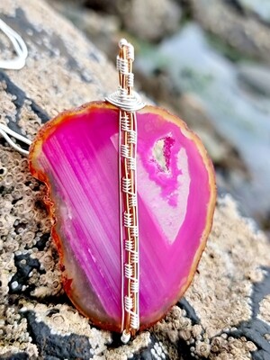 Pink Agate Slice Crystal Wirewrapped Silver Copper Penant Necklace 