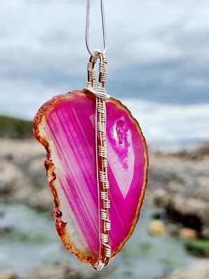 Pink Agate Slice Crystal Wirewrapped Silver Copper Penant Necklace 