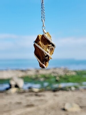 Tiger Eye Pendant Rough Natural Stone Spiral Silver 