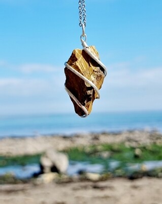 Tiger Eye Pendant Rough Natural Stone Spiral Silver 