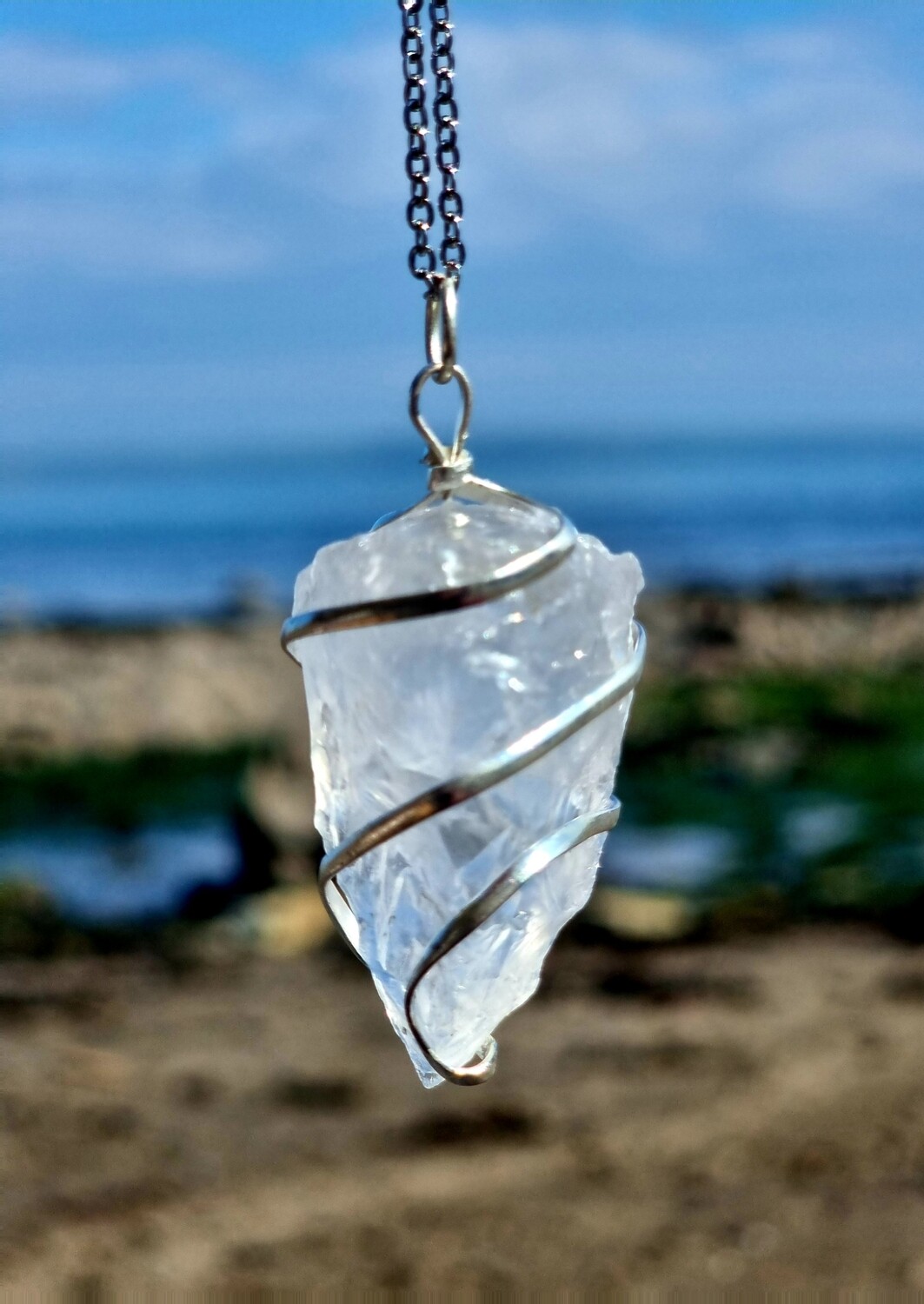 NATURAL CLEAR QUARTZ CRYSTAL WIRE-WRAPPED PENDANT NECKLACE - CLARITY - INNER RAINBOW 