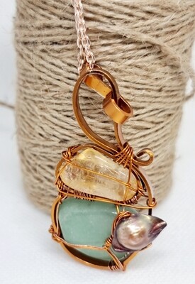 Joy &amp; Happiness. Citrine/ GreenAventurine Wirewrapped Pendant Necklace